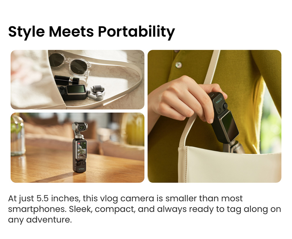 Xtra Muse Pocket Gimbal Camera, 1-inch CMOS Sensor, 3-Axis Mechanical Stabilization, 4K 60FPS Ultra HD Vlogging Camera, AI Subject Tracking, 230&deg; Pan Gimbal, 2-inch Touch Screen, Vertical Video Mode, 161Min Battery, Pocket Creator Camera