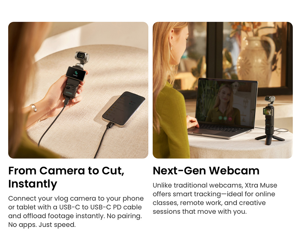 Xtra Muse Pocket Gimbal Camera, 1-inch CMOS Sensor, 3-Axis Mechanical Stabilization, 4K 60FPS Ultra HD Vlogging Camera, AI Subject Tracking, 230&deg; Pan Gimbal, 2-inch Touch Screen, Vertical Video Mode, 161Min Battery, Pocket Creator Camera