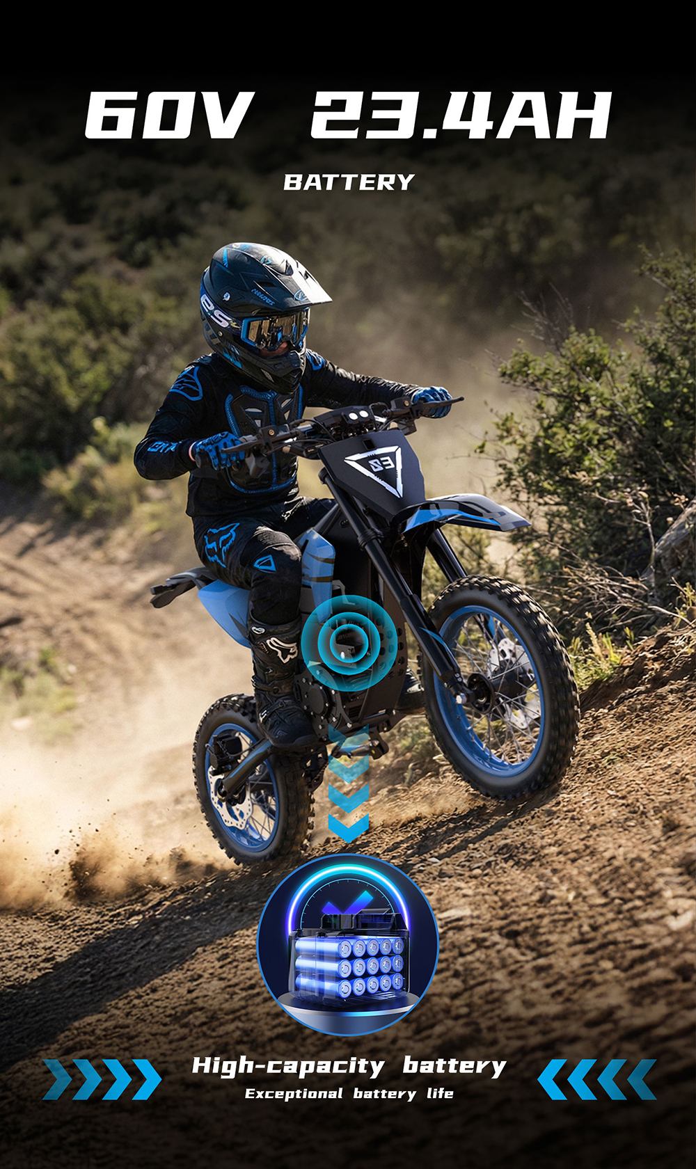 ZAWES S3 Electric Motorcycle, 2000W Mid-Mounted Motor, 5000W Peak Power, 60V 23.4Ah Battery, Up to 70km/h, 70km Range, Full Suspension, Hydraulic Disc Brakes, 160kg Max Load, IPX4 Waterproof