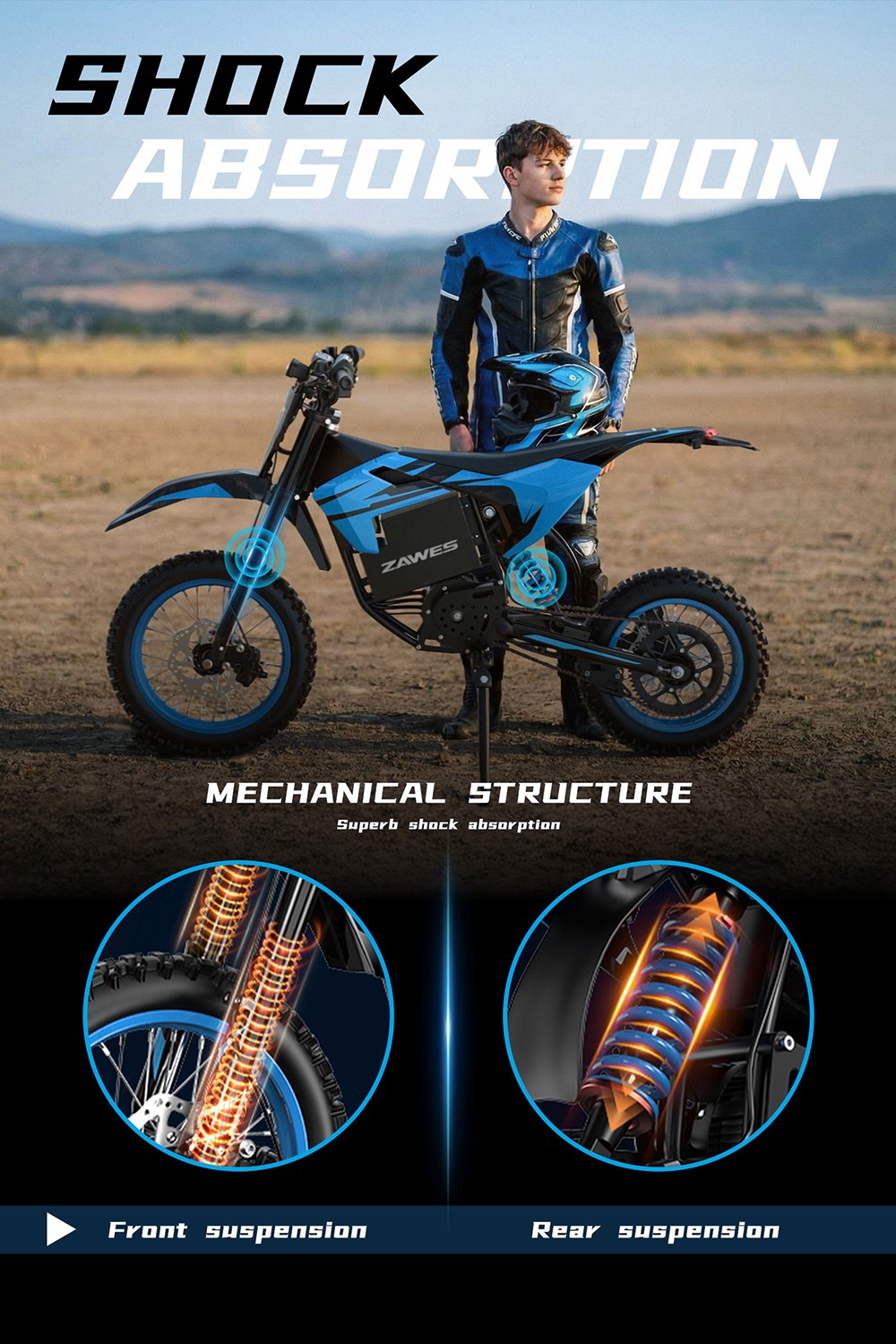 ZAWES S3 Electric Motorcycle, 2000W Mid-Mounted Motor, 5000W Peak Power, 60V 23.4Ah Battery, Up to 70km/h, 70km Range, Full Suspension, Hydraulic Disc Brakes, 160kg Max Load, IPX4 Waterproof