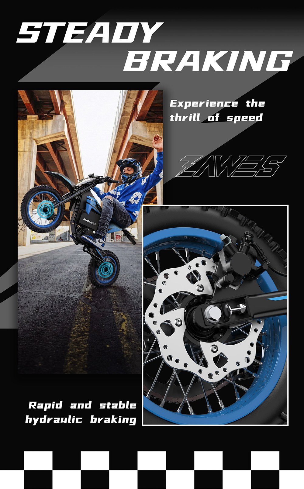 ZAWES S3 Electric Motorcycle, 2000W Mid-Mounted Motor, 5000W Peak Power, 60V 23.4Ah Battery, Up to 70km/h, 70km Range, Full Suspension, Hydraulic Disc Brakes, 160kg Max Load, IPX4 Waterproof