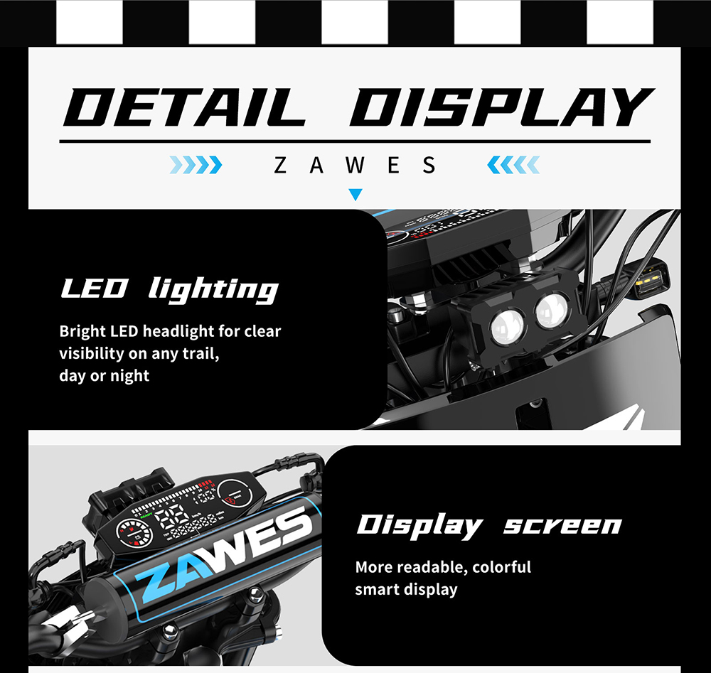ZAWES S3 Electric Motorcycle, 2000W Mid-Mounted Motor, 5000W Peak Power, 60V 23.4Ah Battery, Up to 70km/h, 70km Range, Full Suspension, Hydraulic Disc Brakes, 160kg Max Load, IPX4 Waterproof