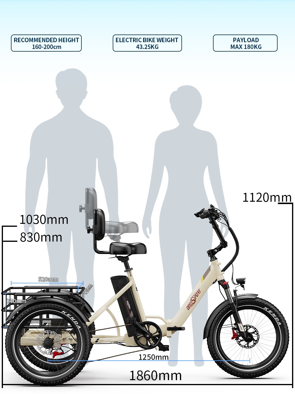 ONESPORT OT30 Pro Elektromos Tehersz&aacute;ll&iacute;t&oacute; Tricikli, 500 W-os Motor, 48 V 18 Ah Akkumul&aacute;tor, 20*3 h&uuml;velykes Gumiabroncsok, 25 km/h Max. Sebess&eacute;g, 90 km Hat&oacute;t&aacute;vols&aacute;g, Hidraulikus T&aacute;rcsaf&eacute;kek, Leng&eacute;scsillap&iacute;t&oacute; Első Villa, Shimano 7 Sebess&eacute;gv&aacute;lt&oacute;, 180 kg Max. Terhelhetős&eacute;g - B&eacute;zs