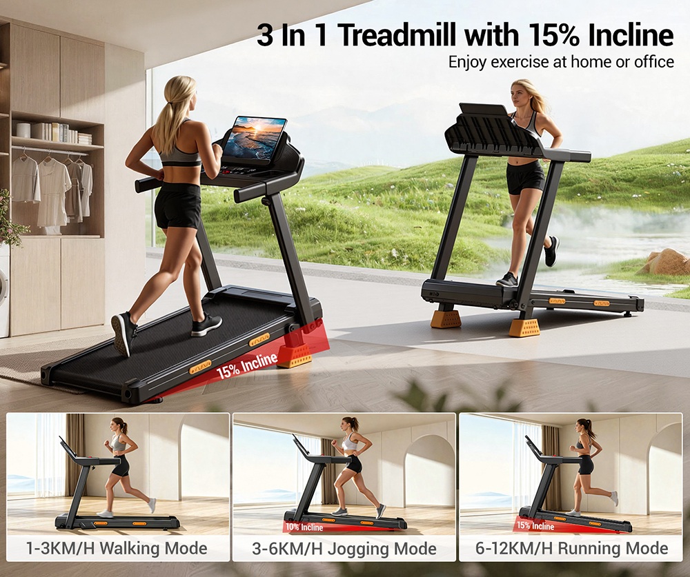 ROBORE SF20 Tapis Roulant Pliable avec Inclinaison 15%, Vitesse 12 km/h, Charge Maximale 136 kg, Moteur Sans Balais Silencieux 3,0 HP, Ceinture de Course 97×40 cm, Absorption des Chocs Triple, Amortissement 7 Couches
