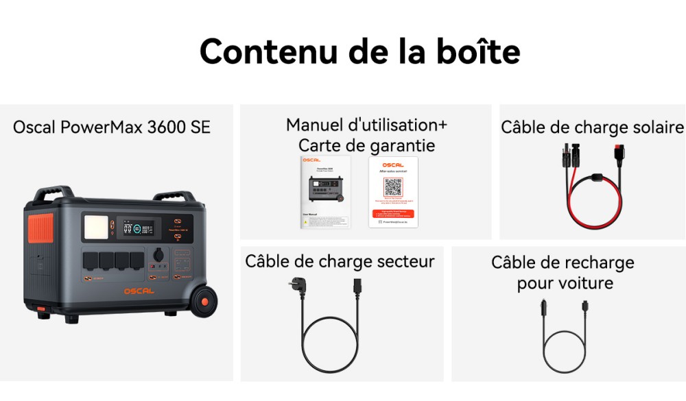 Oscal PowerMax 3600SE Station d&rsquo;&eacute;nergie portable, batterie LiFePO4 3600Wh, sortie sinuso&iuml;dale pure 3600W, pic 4500W, 6 modes LED, USB-C 100W, commande app, recharge rapide, g&eacute;n&eacute;rateur solaire pour secours, camping, camping-car &ndash; prise EU