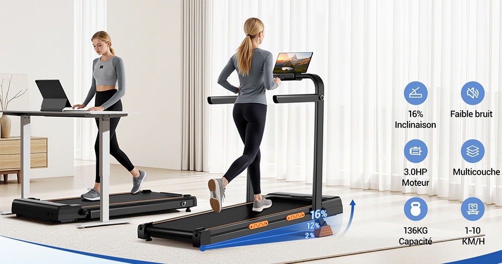 ROBORE X5F Tapis de Course Pliable avec Inclinaison de 16%, Moteur Silencieux 3,0 HP, Vitesse Max 10km/h, Charge 136kg, 3 Niveaux d’Inclinaison, Écran LED & Télécommande