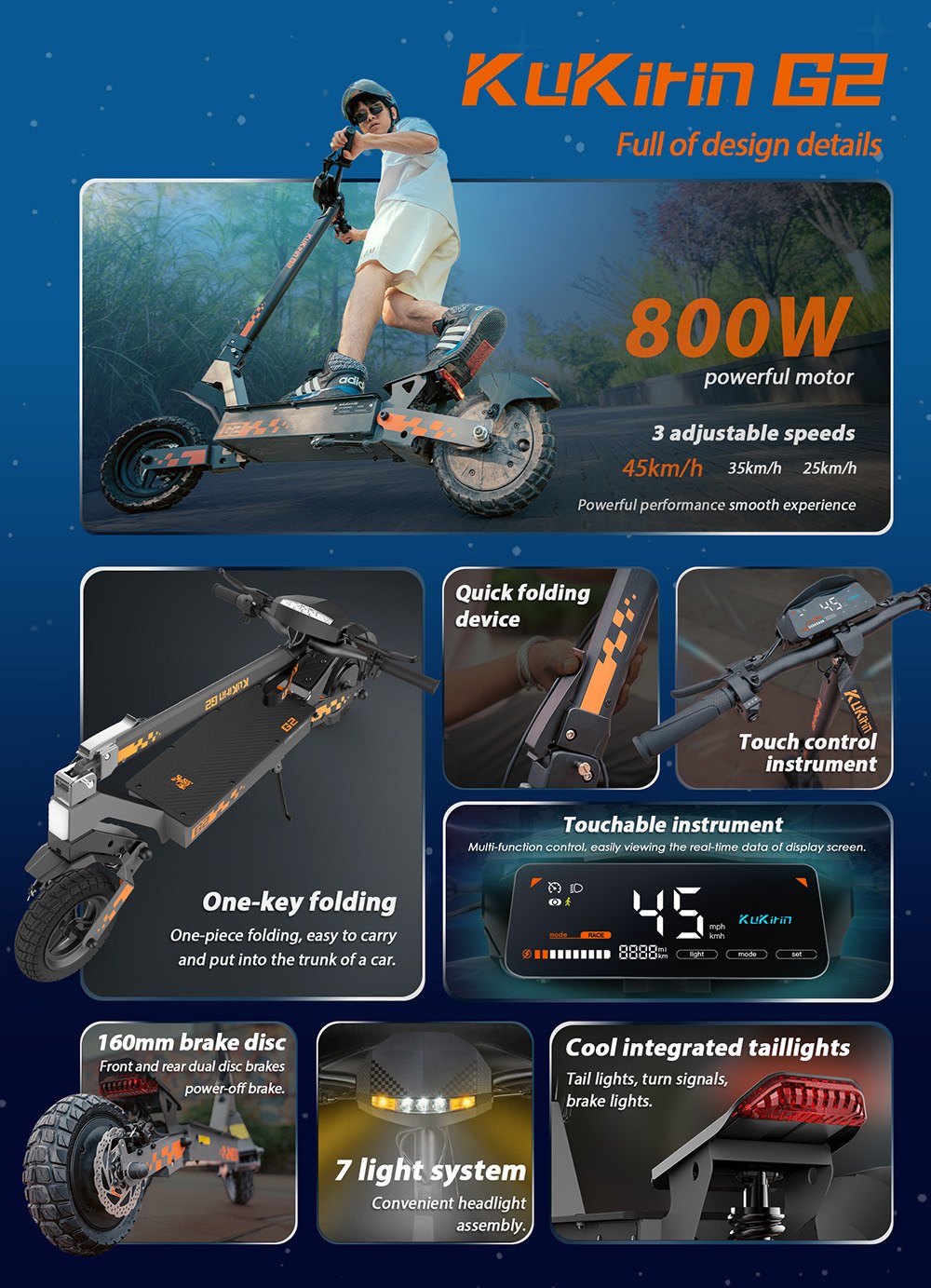 KuKirin G2 Faltbarer Elektroroller 2026-Upgrade, 800W Motor, 48V 15Ah Akku, 10 Zoll Reifen, 45 km/h H&ouml;chstgeschwindigkeit, 55 km Reichweite, Touchscreen-Display, Scheibenbremsen vorne und hinten