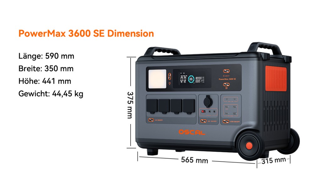 Oscal PowerMax 3600SE Tragbare Powerstation, 3600Wh LiFePO4-Akku, 3600W Reiner Sinuswellenausgang, 4500W Spitzenleistung, 6 LED-Lichtmodi, USB-C 100W, App-Steuerung, Schnellladung, Solargenerator für Hausnotstrom, Wohnmobil, Camping - EU-Stecker