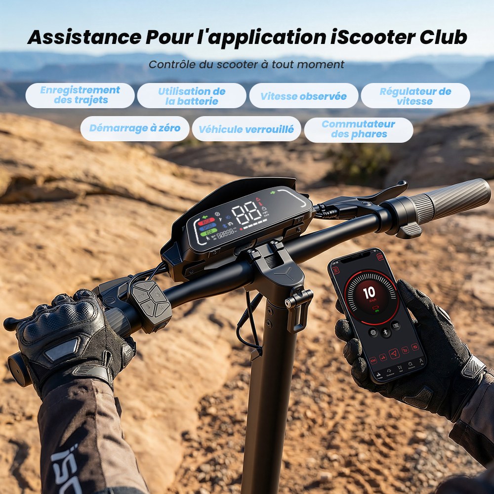 iScooter iF1 Trottinette électrique pliable, moteur 1200W, batterie 48V 10Ah, 45 km/h, autonomie 40–50 km, pneus tout-terrain tubeless 10 pouces, freins à disque avant/arrière + E-ABS, IPX5, application iScooter Club, charge max 150 kg