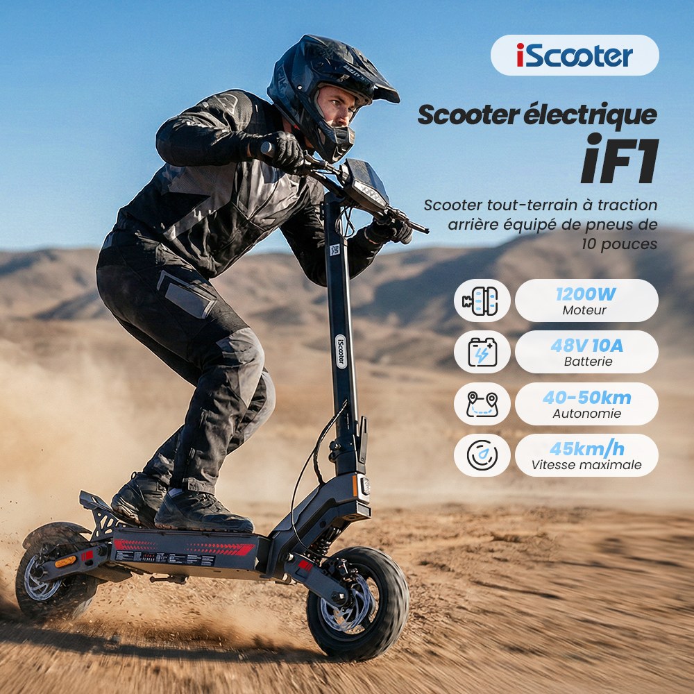 iScooter iF1 Trottinette électrique pliable, moteur 1200W, batterie 48V 10Ah, 45 km/h, autonomie 40–50 km, pneus tout-terrain tubeless 10 pouces, freins à disque avant/arrière + E-ABS, IPX5, application iScooter Club, charge max 150 kg