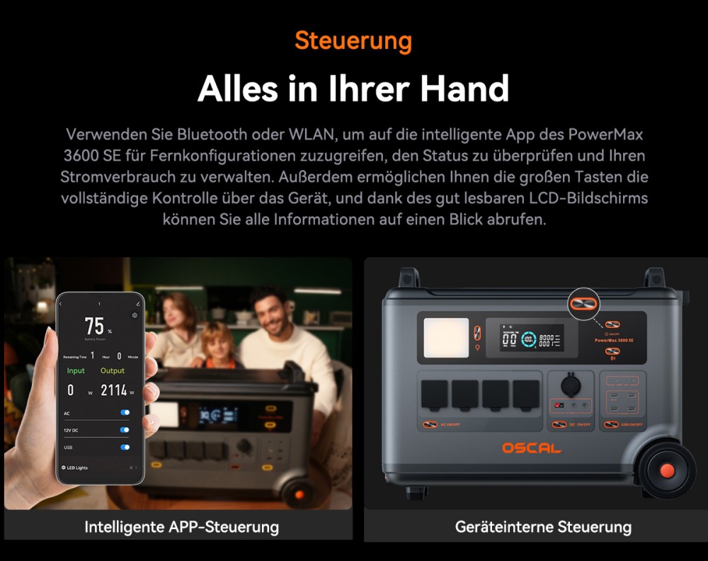 Oscal PowerMax 3600SE Tragbare Powerstation, 3600Wh LiFePO4-Akku, 3600W Reiner Sinuswellenausgang, 4500W Spitzenleistung, 6 LED-Lichtmodi, USB-C 100W, App-Steuerung, Schnellladung, Solargenerator für Hausnotstrom, Wohnmobil, Camping - EU-Stecker