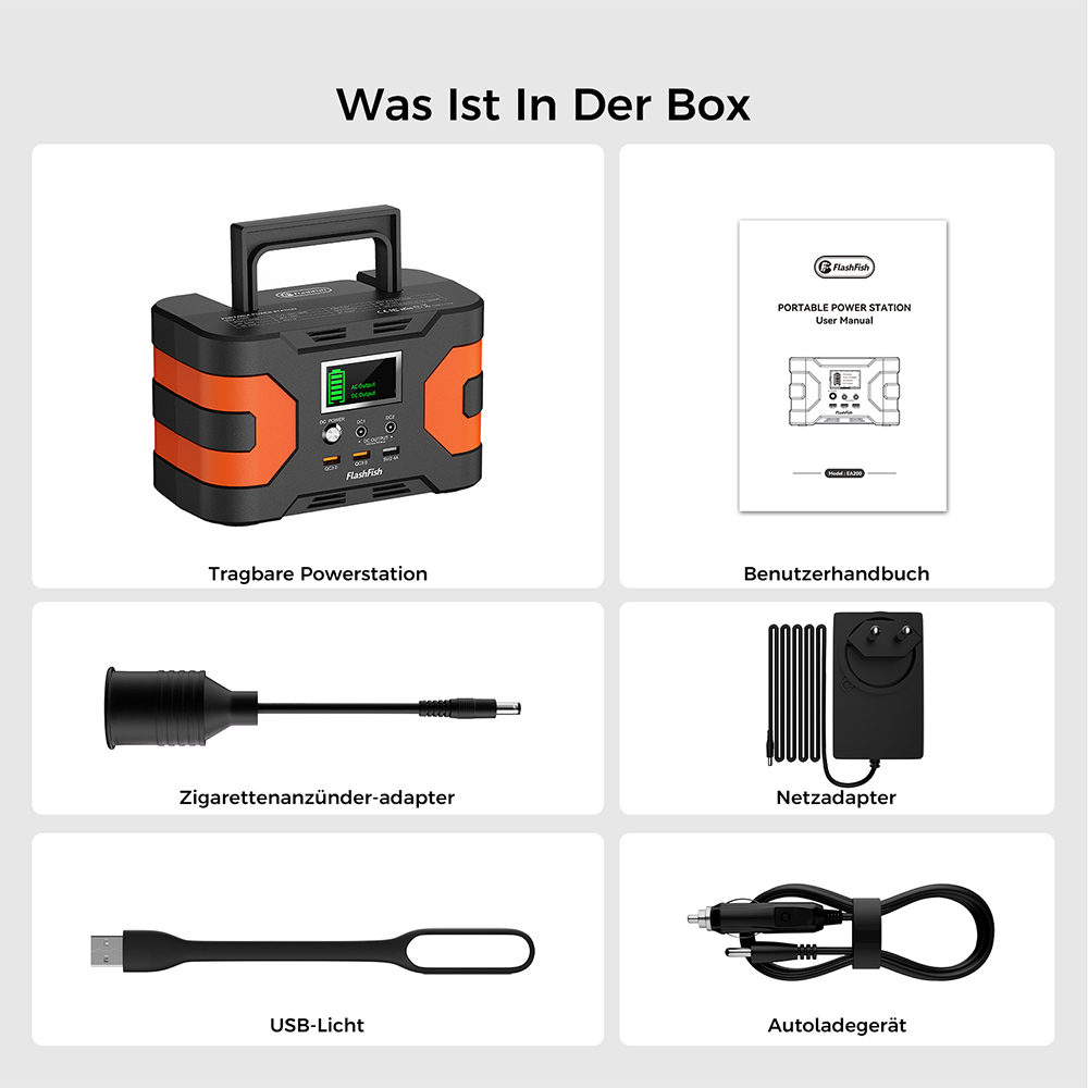 FlashFish EA200 Tragbare Powerstation, Lithium-Ionen-18650-Batterie, 200W reine Sinuswellenleistung, 400W Spitzenleistung, 230V AC-Steckdose, QC3.0 Schnellladung, Aufladung &uuml;ber Stromnetz/Solar/Auto, Solargenerator f&uuml;r Camping, CPAP, Reisen & Notstromversorgung