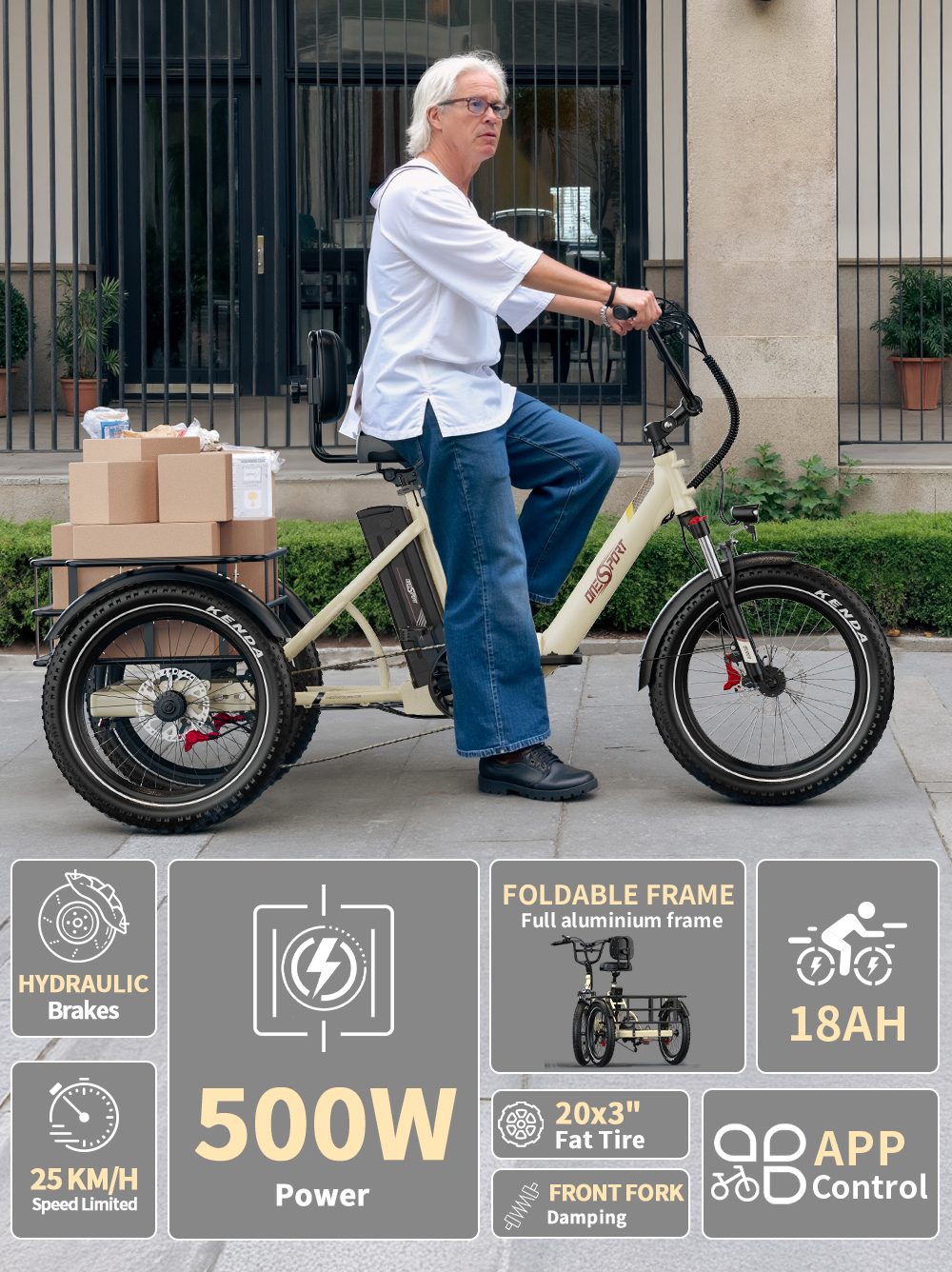 ONESPORT OT30 Pro Elektromos Tehersz&aacute;ll&iacute;t&oacute; Tricikli, 500 W-os Motor, 48 V 18 Ah Akkumul&aacute;tor, 20*3 h&uuml;velykes Gumiabroncsok, 25 km/h Max. Sebess&eacute;g, 90 km Hat&oacute;t&aacute;vols&aacute;g, Hidraulikus T&aacute;rcsaf&eacute;kek, Leng&eacute;scsillap&iacute;t&oacute; Első Villa, Shimano 7 Sebess&eacute;gv&aacute;lt&oacute;, 180 kg Max. Terhelhetős&eacute;g - B&eacute;zs