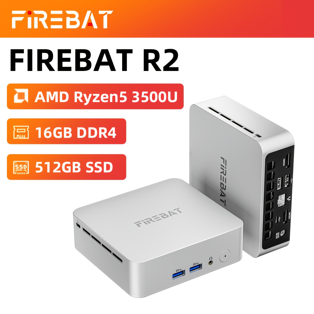 FIREBAT R2 Mini PC, AMD Ryzen 5 3500U 4 Cores Max 3.7GHz, 16GB RAM 512GB SSD, 2*HDMI Dual 4K Display, WiFi 5 Bluetooth 4.2, 1*USB-C, 2*USB3.2, 2*USB2.0, 1*RJ45, 1*Audio Jack