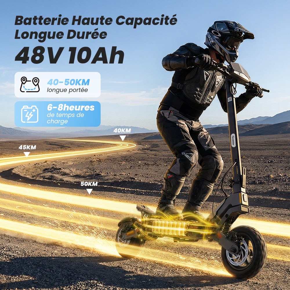 iScooter iF1 Trottinette électrique pliable, moteur 1200W, batterie 48V 10Ah, 45 km/h, autonomie 40–50 km, pneus tout-terrain tubeless 10 pouces, freins à disque avant/arrière + E-ABS, IPX5, application iScooter Club, charge max 150 kg