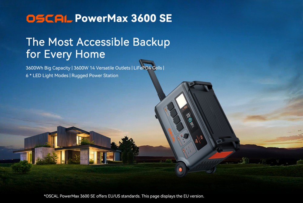 Oscal PowerMax 3600SE Hordozhat&oacute; Erőmű, 3600Wh LiFePO4 Akkumul&aacute;tor, 3600W Tiszta Szinuszos Kimenet, 4500W Cs&uacute;csfesz&uuml;lts&eacute;g, Gyors T&ouml;lt&eacute;s, Napelemes Gener&aacute;tor Otthoni Tartal&eacute;khoz, Lak&oacute;aut&oacute;hoz, Kempingez&eacute;shez - EU Csatlakoz&oacute;