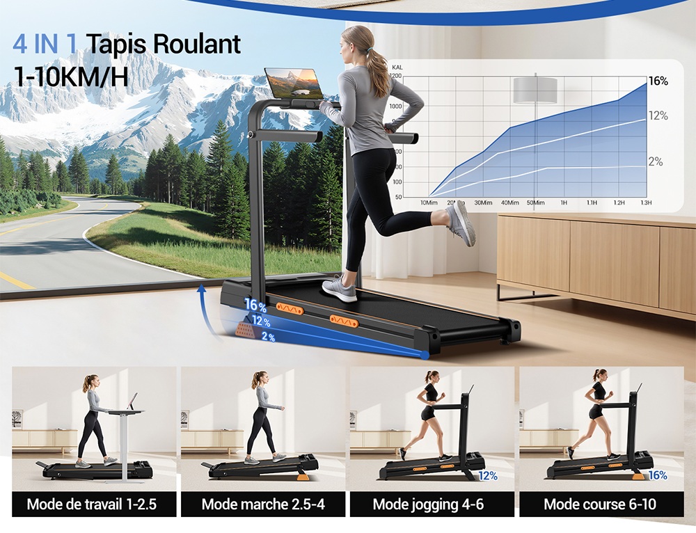 ROBORE X5F Tapis de Course Pliable avec Inclinaison de 16%, Moteur Silencieux 3,0 HP, Vitesse Max 10km/h, Charge 136kg, 3 Niveaux d’Inclinaison, Écran LED & Télécommande