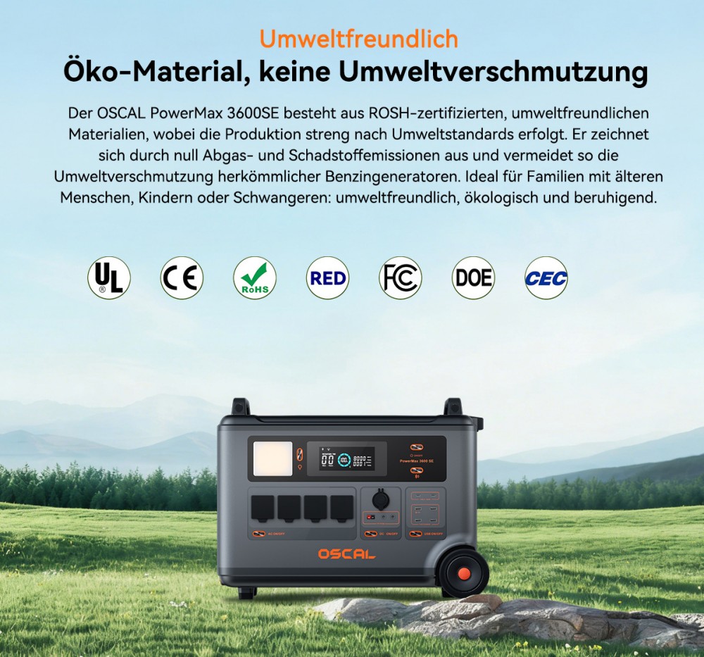 Oscal PowerMax 3600SE Tragbare Powerstation, 3600Wh LiFePO4-Akku, 3600W Reiner Sinuswellenausgang, 4500W Spitzenleistung, 6 LED-Lichtmodi, USB-C 100W, App-Steuerung, Schnellladung, Solargenerator für Hausnotstrom, Wohnmobil, Camping - EU-Stecker