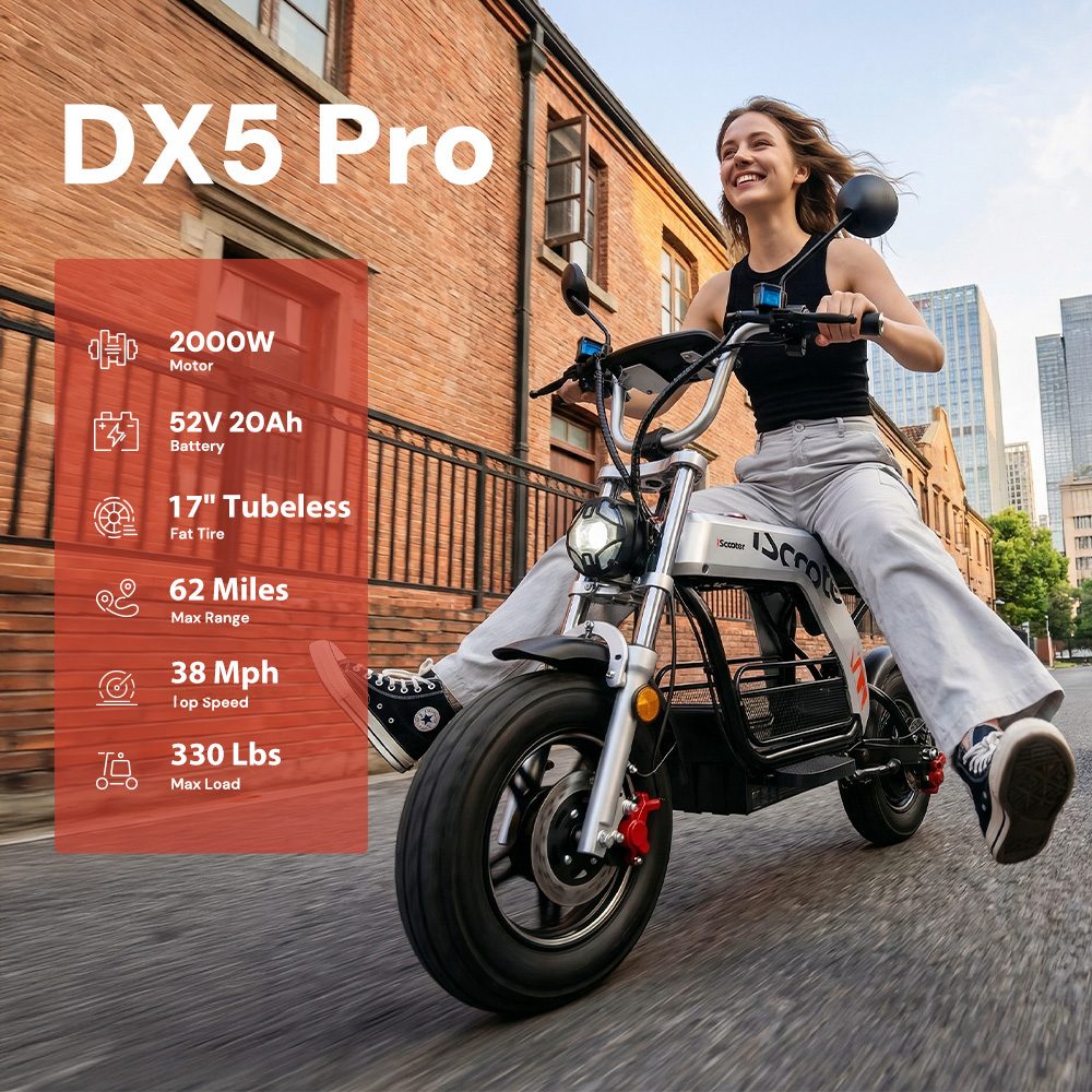 iScooter DX5Pro Elektroroller, 2000-W-B&uuml;rstenlosmotor, 60 km/h H&ouml;chstgeschwindigkeit, 52-V-20-Ah-Akku, bis zu 100 km Reichweite, 17-Zoll-Fat-Tubeless-Reifen, Diebstahlalarm, TCS-Antirutschsystem, hydraulische Scheibenbremsen vorne und hinten + E-Bremse, NFC-Entsperrung, 150 kg Zuladung
