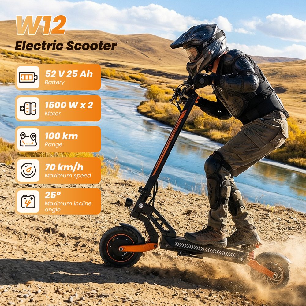 iScooter W12 Foldable Electric Scooter, Dual 1500W Motors, 52V 25Ah Battery, 70km/h Max Speed, 100km Range, 25° Climbing, 150kg Load Capacity, 11" Tubeless Off-Road Tires, Dual Suspension, Triple Brakes, IPX4