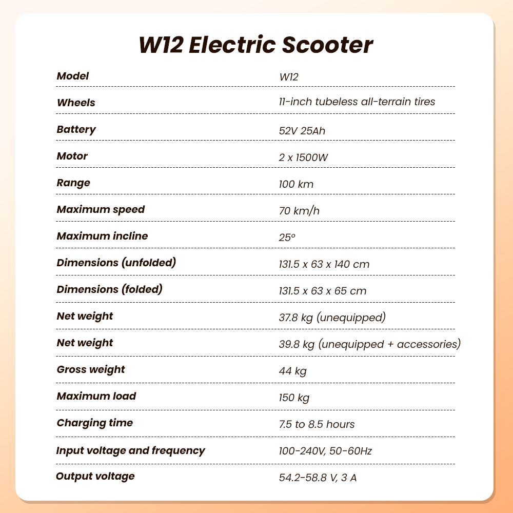 iScooter W12 Foldable Electric Scooter, Dual 1500W Motors, 52V 25Ah Battery, 70km/h Max Speed, 100km Range, 25° Climbing, 150kg Load Capacity, 11" Tubeless Off-Road Tires, Dual Suspension, Triple Brakes, IPX4