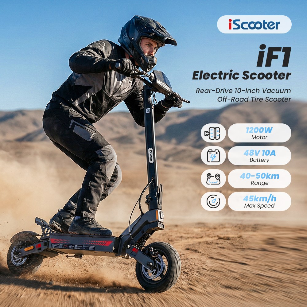 iScooter iF1 Skladacia elektrická kolobežka, 1200W motor, 48V 10Ah batéria, max. rýchlosť 45km/h, dojazd 40&ndash;50km, 10-palcové vákuové terénne pneumatiky, predné & zadné kotúčové brzdy + brzdový systém E-ABS, vodotesnosť IPX5, podpora aplikácie iScooter Club, max. zaťaženie 150kg