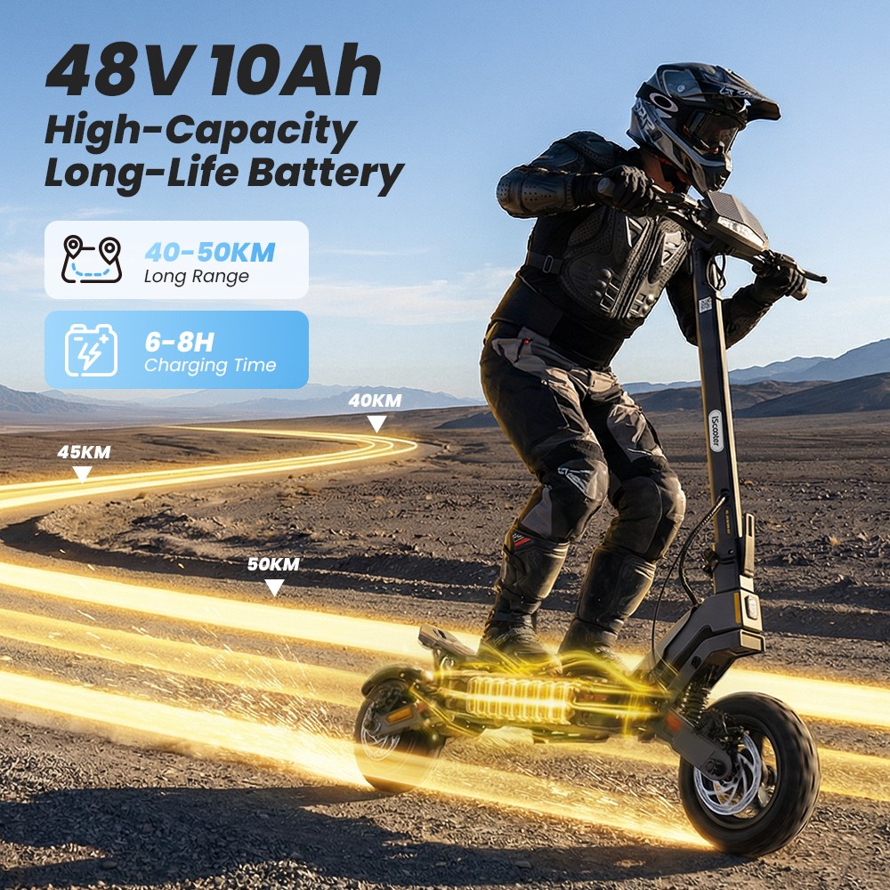 iScooter iF1 Foldable Electric Scooter, 1200W motor, 48V 10Ah batéria, max. rýchlosť 45 km/h, dojazd 40&ndash;50 km, 10-palcové vákuové terénne pneumatiky, predné & zadné kotúčové brzdy + brzdový systém E-ABS, vodotesnosť IPX5, podpora aplikácie iScooter Club, max. zaťaženie 150 kg