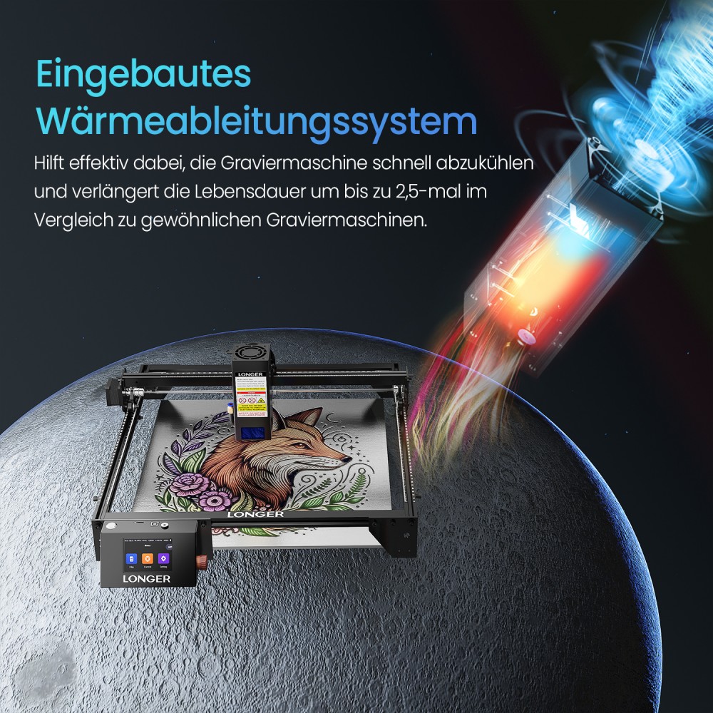 LONGER RAY5 20W Lasergravierer, 0,08*0,1mm Laserspot, Farb-Touchscreen, 32-Bit-Chipsatz, App-Verbindung, 400*365mm