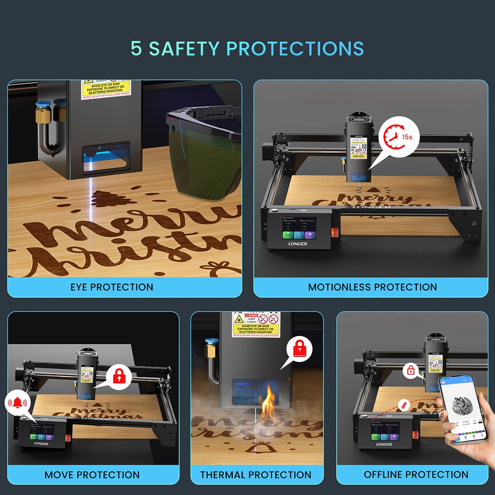 LONGER RAY5 Graveur laser, 20 W, mise au point fixe, point laser 0,08*0,1 mm, écran tactile couleur, chipset 32 bits, prise en charge de la connexion APP, zone de travail 400*365 mm