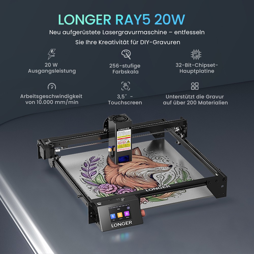 LONGER RAY5 20W Lasergravierer, 0,08*0,1mm Laserspot, Farb-Touchscreen, 32-Bit-Chipsatz, App-Verbindung, 400*365mm