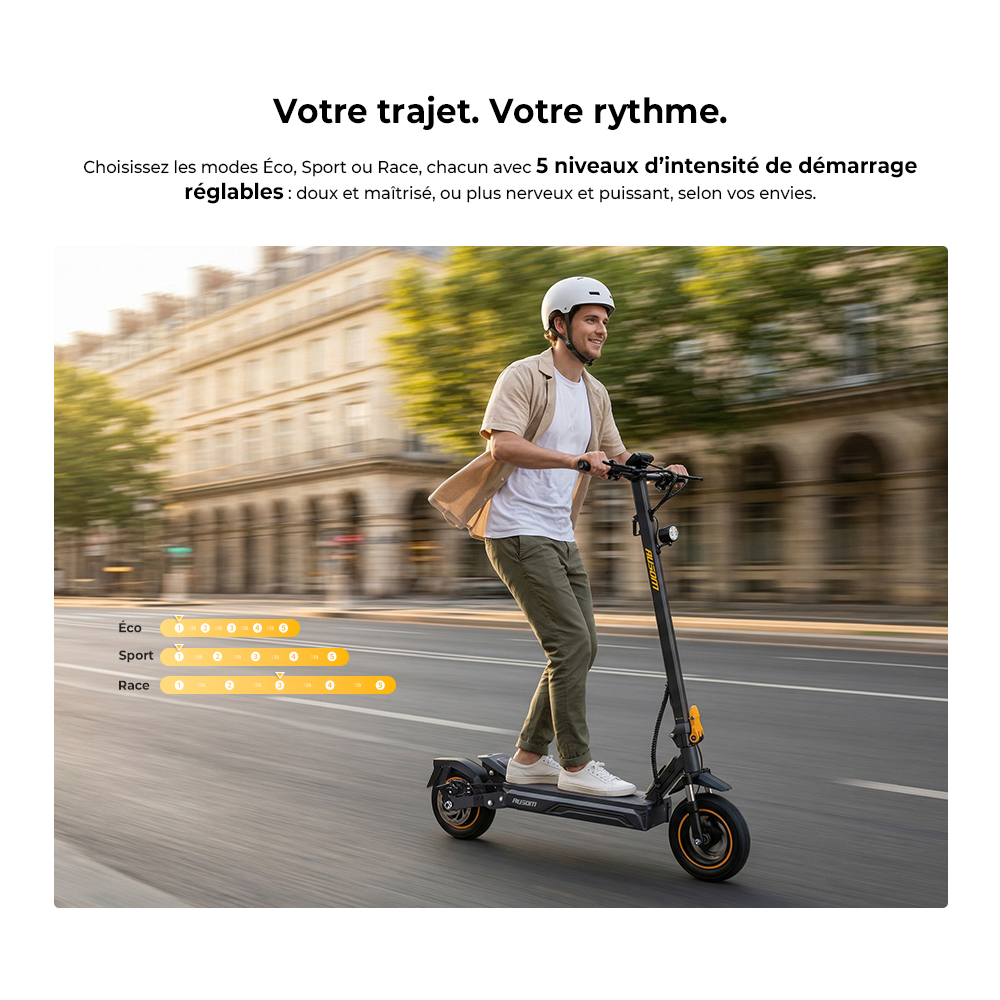 Ausom K20 Trottinette Électrique Monomoteur, moteur 1100W, autonomie jusqu’à 70 km, vitesse max. 45 km/h, batterie 48V 13,5Ah, pente 20 %, freins à disque + E-ABS, pneus tubeless 10", suspension, déverrouillage NFC, pliable pour trajets quotidiens