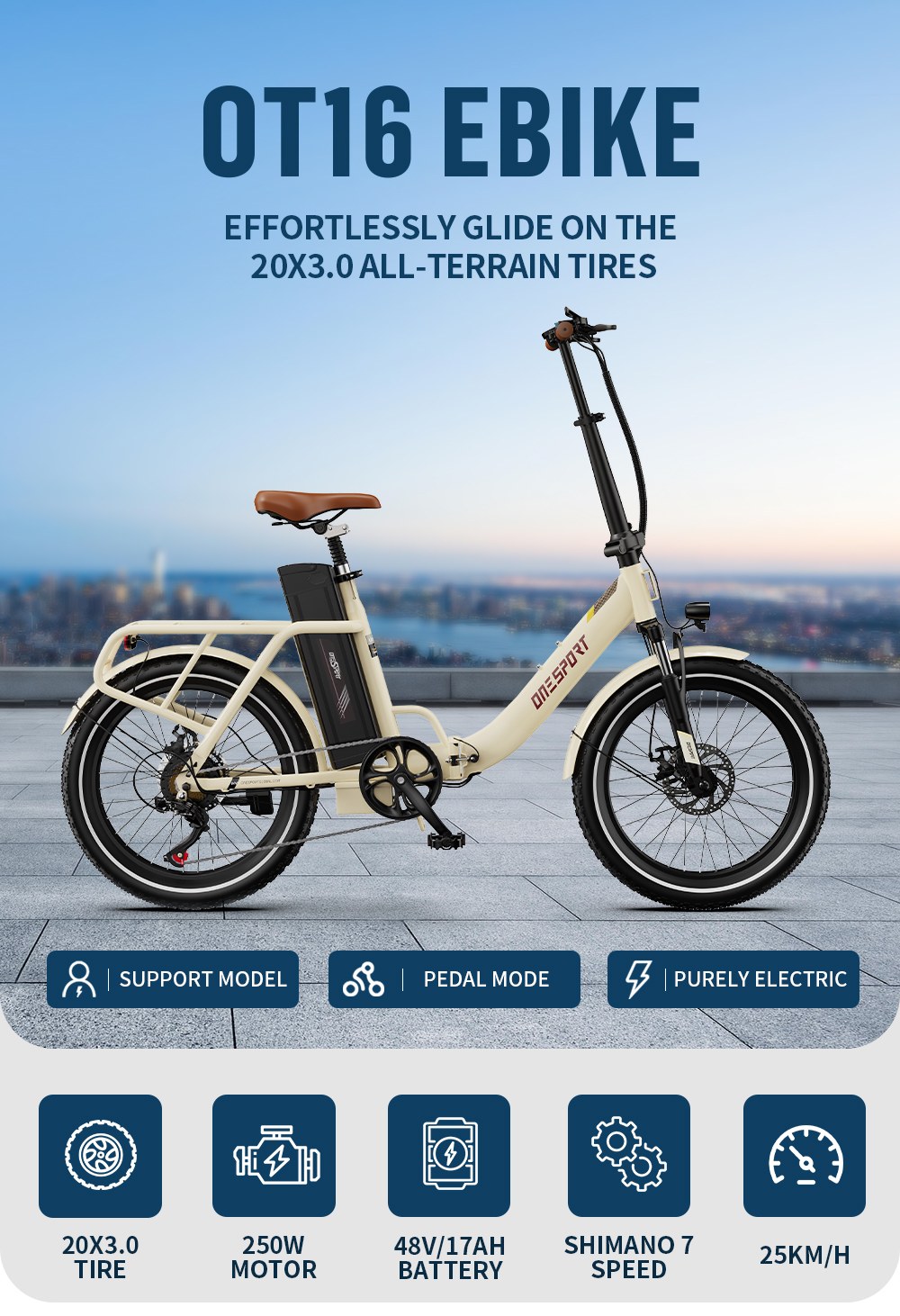 ONESPORT OT16 Vélo électrique, pneus 20*3,0 pouces, batterie 48V 17Ah, vitesse maximale de 25km/h, 3 modes de conduite, freins à disque, 7 vitesses - Blanc