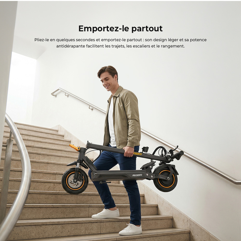 Ausom K20 Trottinette Électrique Monomoteur, moteur 1100W, autonomie jusqu’à 70 km, vitesse max. 45 km/h, batterie 48V 13,5Ah, pente 20 %, freins à disque + E-ABS, pneus tubeless 10", suspension, déverrouillage NFC, pliable pour trajets quotidiens