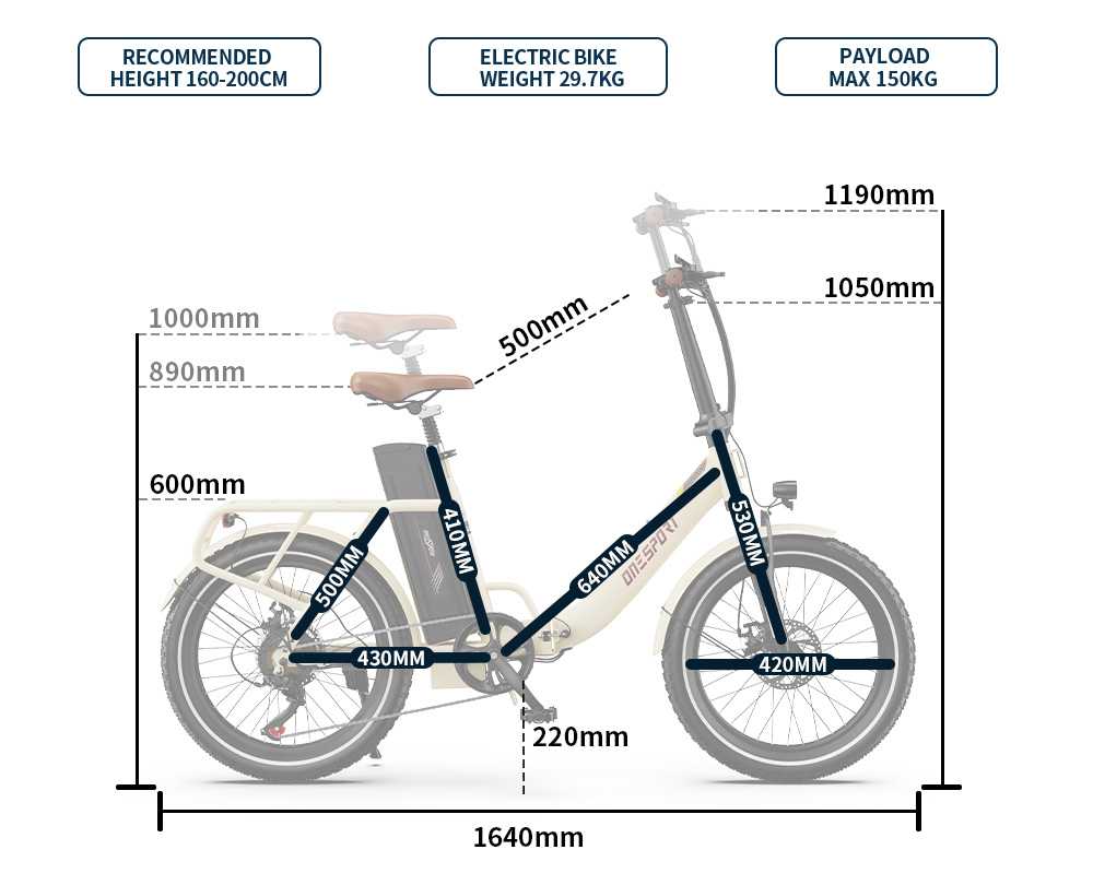 ONESPORT OT16 Vélo électrique, pneus 20*3,0 pouces, batterie 48V 17Ah, vitesse maximale de 25km/h, 3 modes de conduite, freins à disque, 7 vitesses - Blanc