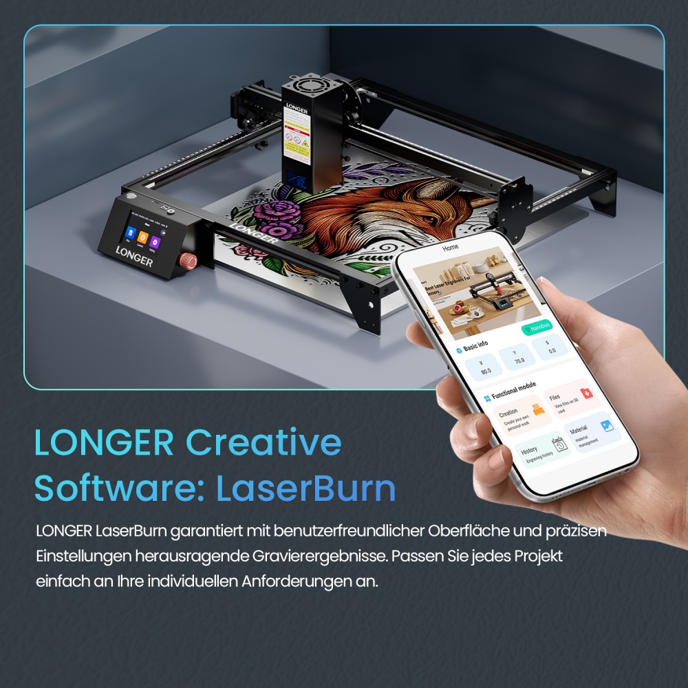 LONGER RAY5 20W Lasergravierer, 0,08*0,1mm Laserspot, Farb-Touchscreen, 32-Bit-Chipsatz, App-Verbindung, 400*365mm