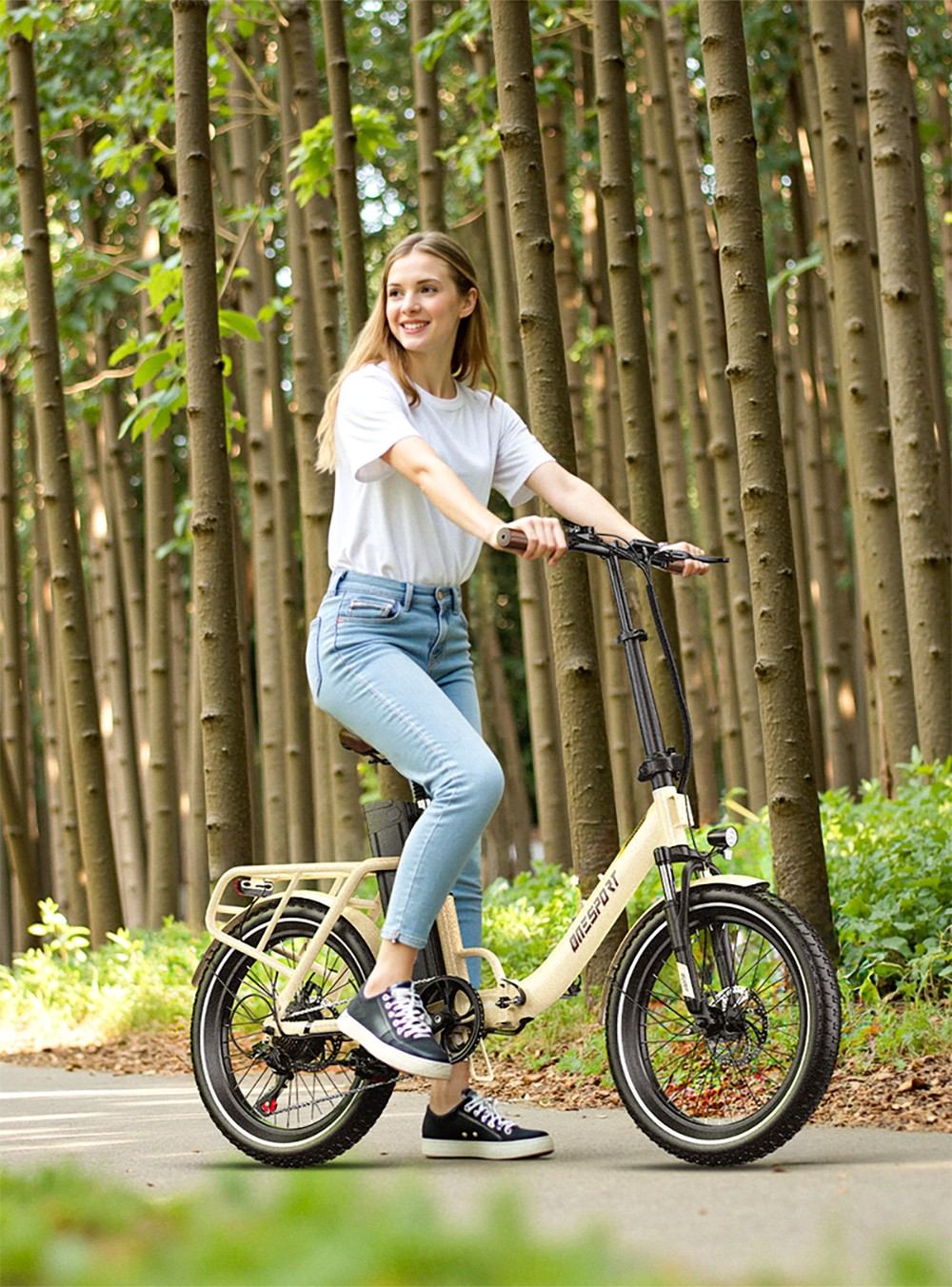 ONESPORT OT16 elektromos kerékpár 20*3.0 hüvelykes gumiabroncsok, 48V 17Ah akkumulátor 25km/h maximális sebesség 3 vezetési mód 7 sebességes váltó, tárcsafékek - fehér