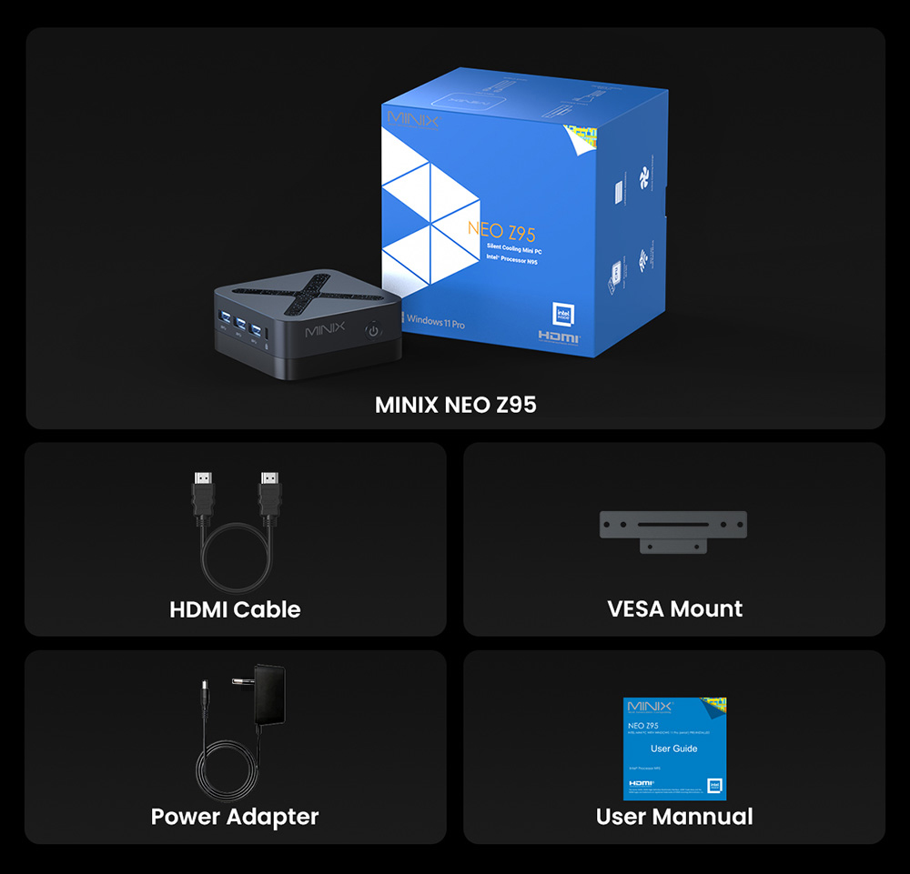 MINIX Z95 Mini PC, Intel N95 Quad-Core jusqu’à 3,4 GHz, 16Go LPDDR5X RAM + SSD PCIe NVMe 512Go, Triple Affichage 4K DP + Double HDMI 2.1, WiFi 5 Bluetooth 5.0, Double Gigabit Ethernet, Refroidissement Actif Compact