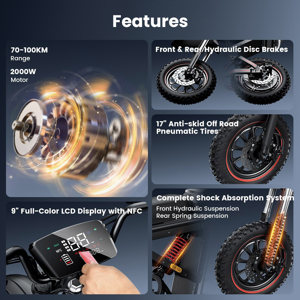 iScooter DX5Max Elektromos Roller, 2000W Motor, 70 km/h Max Sebesség, 52V 20Ah Akkumulátor, 100 km Hatótáv, NFC Feloldás, Hidraulikus Tárcsafékek, Teljes Felfüggesztés, IPX4 Vízálló, 17" Tubeless Gumiabroncsok, 150 kg Terhelhetőség