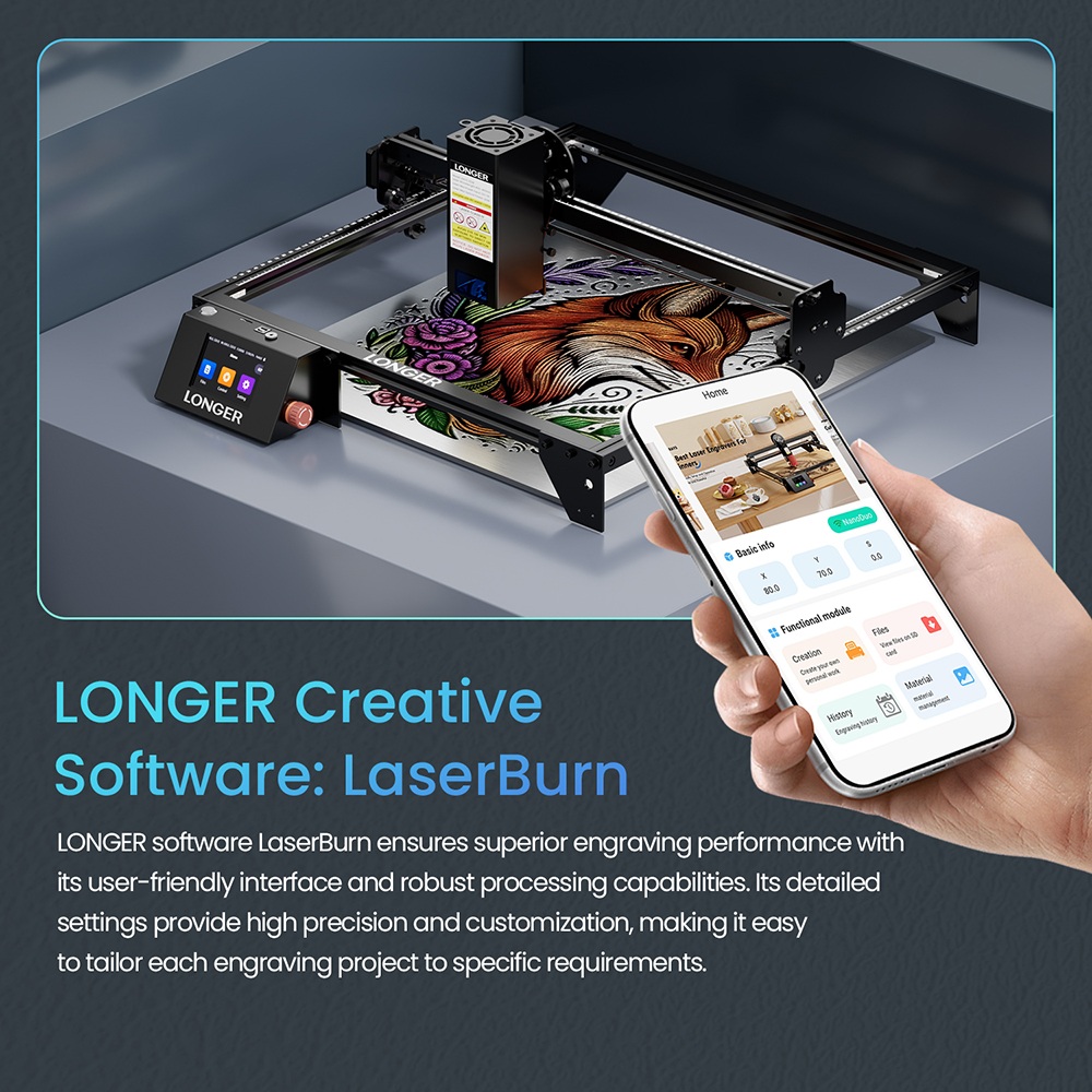 LONGER RAY5 Graveur laser, 20 W, mise au point fixe, point laser 0,08*0,1 mm, écran tactile couleur, chipset 32 bits, prise en charge de la connexion APP, zone de travail 400*365 mm