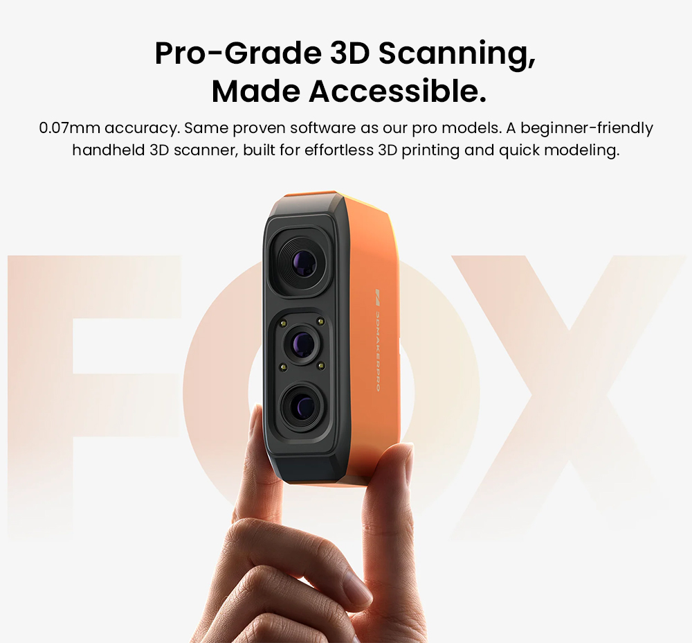 3DMakerpro Fox 3D-Scanner, KI-gest&uuml;tzte visuelle Verfolgung, 0,07 mm Genauigkeit, 0,10 mm Aufl&ouml;sung, NIR-Lichtquelle, markerfreies Scannen, 10 Bilder pro Sekunde, kompatibel mit Windows/macOS/Android/iOS