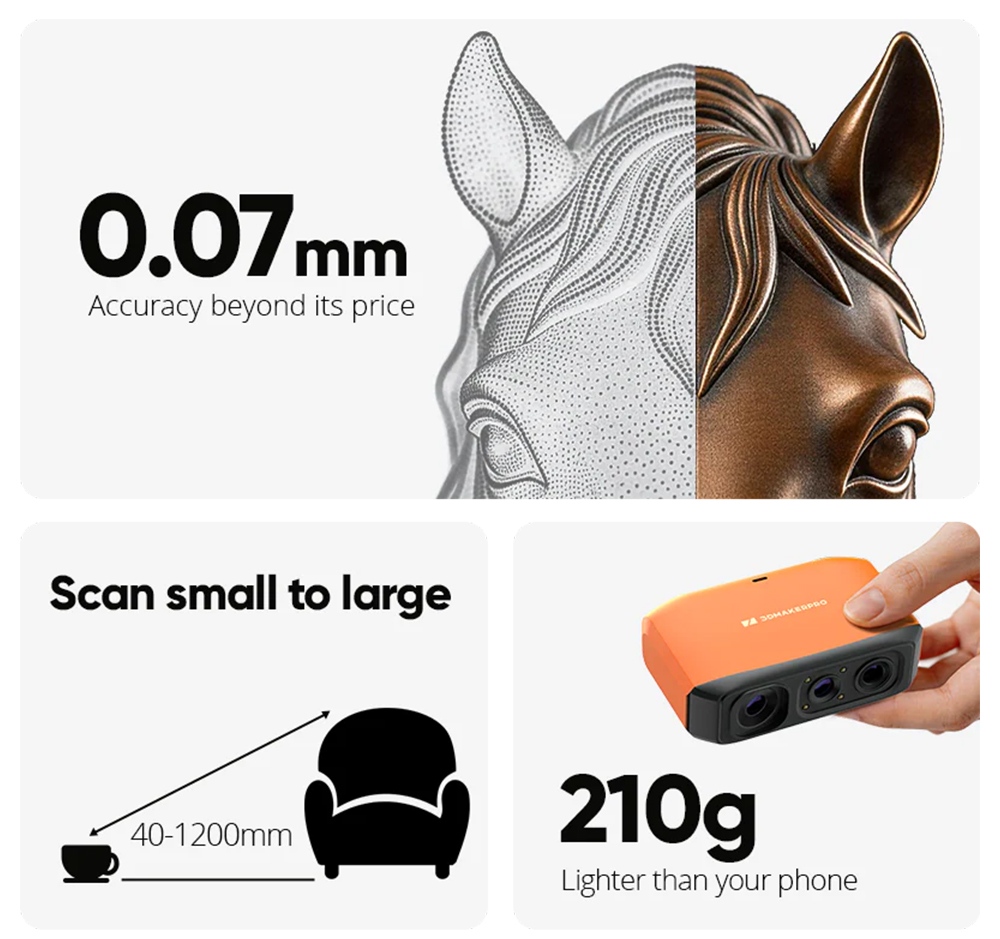 3DMakerpro Fox 3D-Scanner, KI-gest&uuml;tzte visuelle Verfolgung, 0,07 mm Genauigkeit, 0,10 mm Aufl&ouml;sung, NIR-Lichtquelle, markerfreies Scannen, 10 Bilder pro Sekunde, kompatibel mit Windows/macOS/Android/iOS