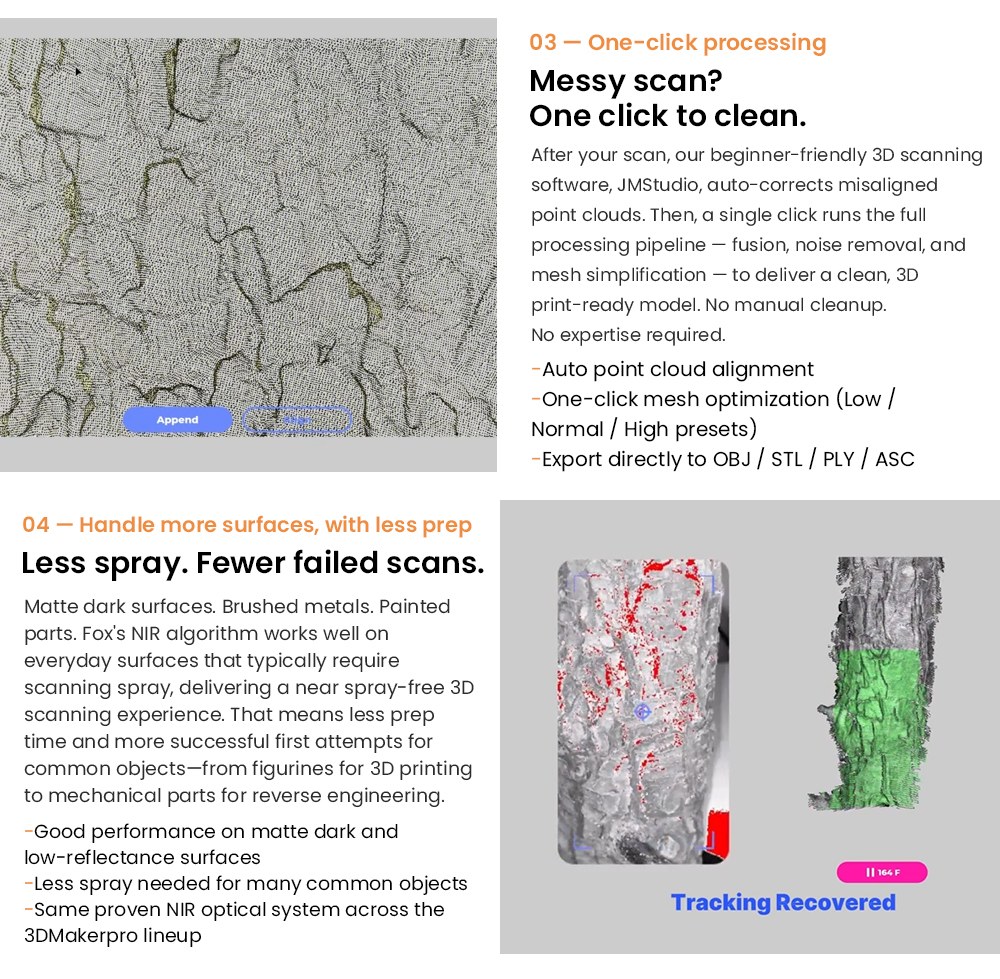 3DMakerpro Fox 3D-Scanner, KI-gest&uuml;tzte visuelle Verfolgung, 0,07 mm Genauigkeit, 0,10 mm Aufl&ouml;sung, NIR-Lichtquelle, markerfreies Scannen, 10 Bilder pro Sekunde, kompatibel mit Windows/macOS/Android/iOS