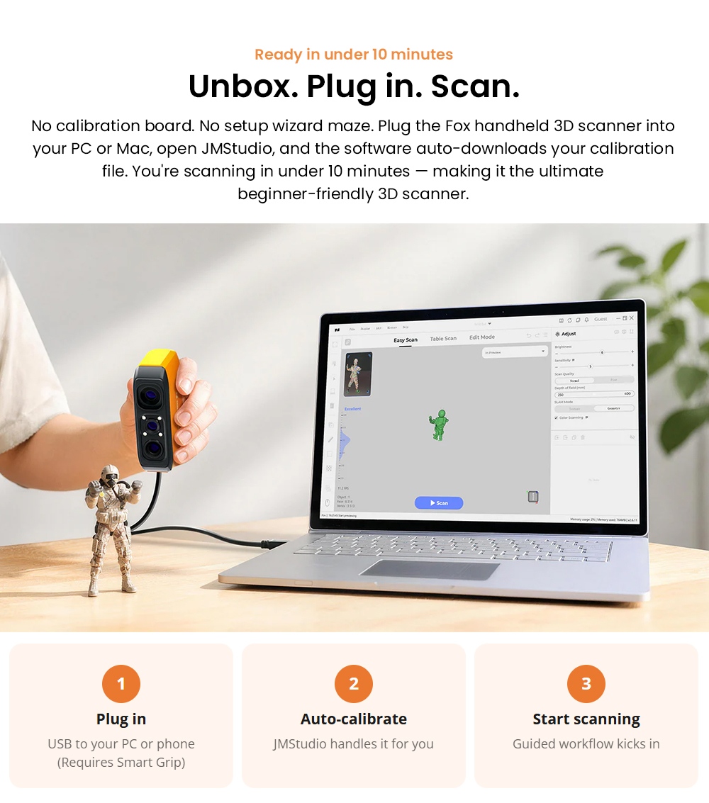 3DMakerpro Fox 3D-Scanner, KI-gest&uuml;tzte visuelle Verfolgung, 0,07 mm Genauigkeit, 0,10 mm Aufl&ouml;sung, NIR-Lichtquelle, markerfreies Scannen, 10 Bilder pro Sekunde, kompatibel mit Windows/macOS/Android/iOS
