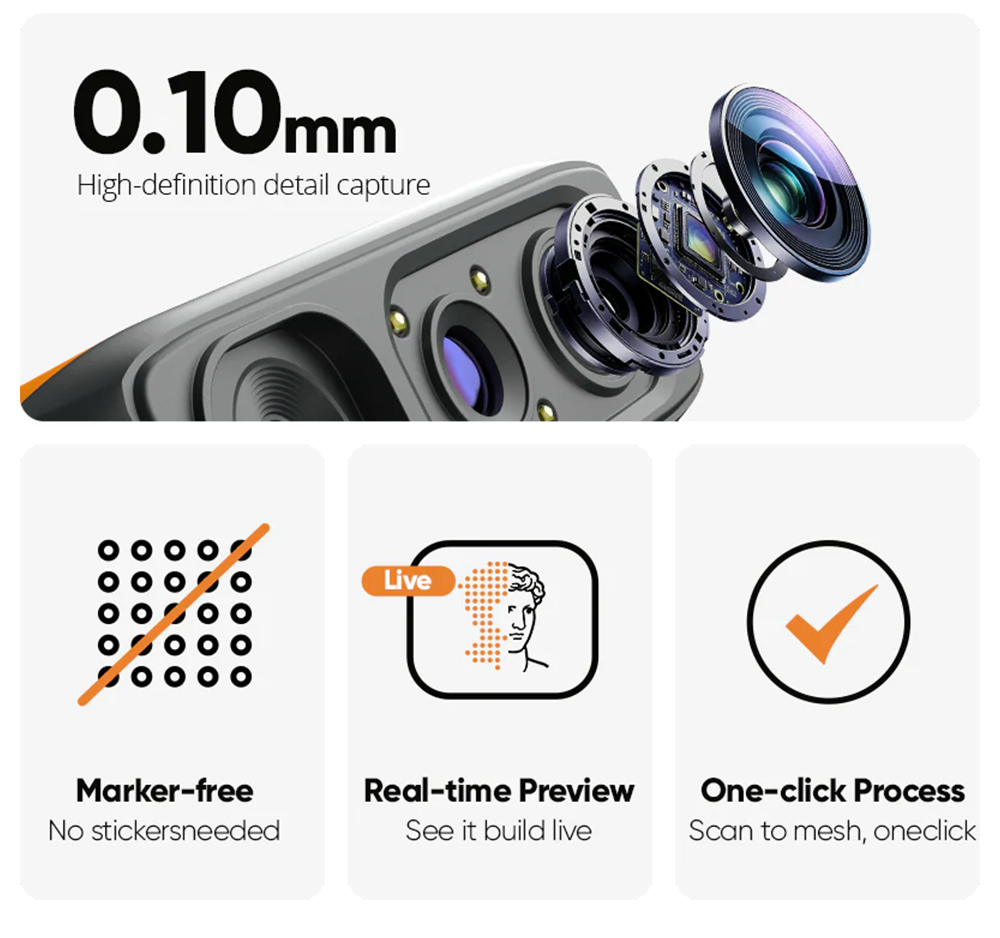 3DMakerpro Fox 3D-Scanner, KI-gest&uuml;tzte visuelle Verfolgung, 0,07 mm Genauigkeit, 0,10 mm Aufl&ouml;sung, NIR-Lichtquelle, markerfreies Scannen, 10 Bilder pro Sekunde, kompatibel mit Windows/macOS/Android/iOS