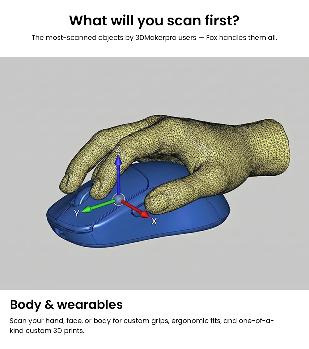 3DMakerpro Fox 3D-Scanner, KI-gest&uuml;tzte visuelle Verfolgung, 0,07 mm Genauigkeit, 0,10 mm Aufl&ouml;sung, NIR-Lichtquelle, markerfreies Scannen, 10 Bilder pro Sekunde, kompatibel mit Windows/macOS/Android/iOS