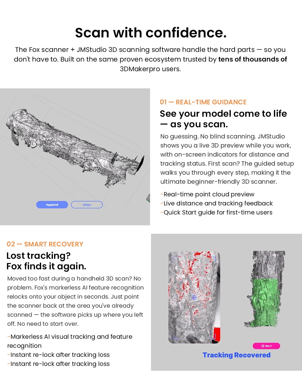 3DMakerpro Fox 3D-Scanner, KI-gest&uuml;tzte visuelle Verfolgung, 0,07 mm Genauigkeit, 0,10 mm Aufl&ouml;sung, NIR-Lichtquelle, markerfreies Scannen, 10 Bilder pro Sekunde, kompatibel mit Windows/macOS/Android/iOS
