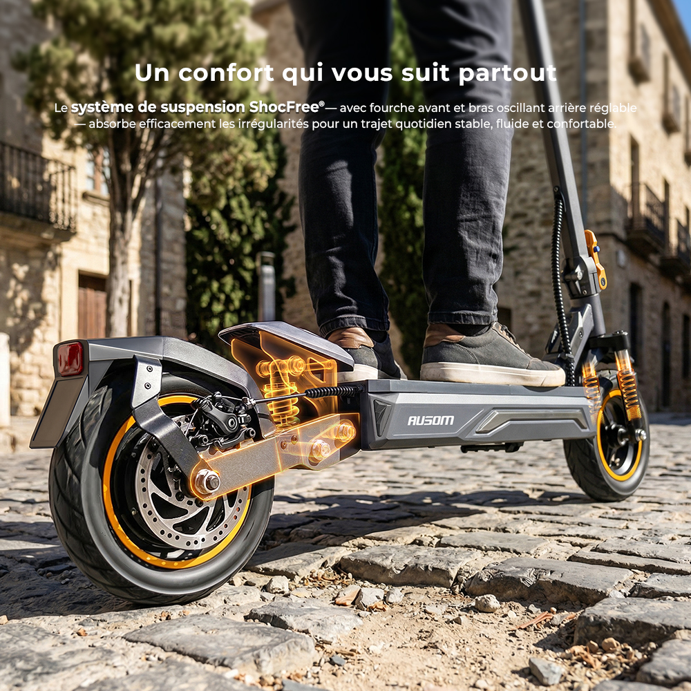 Ausom K20 Trottinette Électrique Monomoteur, moteur 1100W, autonomie jusqu’à 70 km, vitesse max. 45 km/h, batterie 48V 13,5Ah, pente 20 %, freins à disque + E-ABS, pneus tubeless 10", suspension, déverrouillage NFC, pliable pour trajets quotidiens
