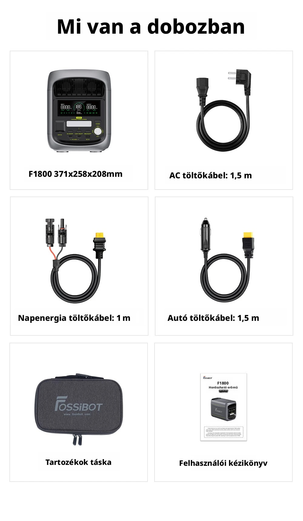 FOSSiBOT F1800 Hordozhat&oacute; Erőmű, 1024Wh LiFePO4, 1800W AC Kimenet, Ultra-Gyors 1200W AC & 500W Napelemes T&ouml;lt&eacute;s, T&ouml;bbportos USB/Type-C/Aut&oacute;s Kimenet, App-vez&eacute;rl&eacute;s, Csendes <10ms UPS