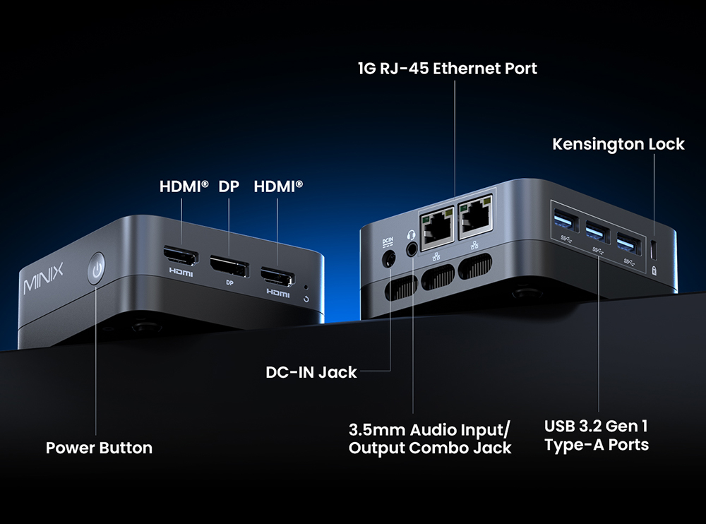 MINIX Z95 Mini PC, Intel N95 processzor 4 magos, max. 3,4 GHz, 16 GB LPDDR5X RAM, 512 GB PCIe NVMe SSD, DP+Dual HDMI 2.1 4K hármas kijelző, WiFi 5 Bluetooth 5.0, Dual Gigabit Ethernet, 3*USB-A 3.2, 1*Audió csatlakozó, kompakt aktív hűtőrendszer
