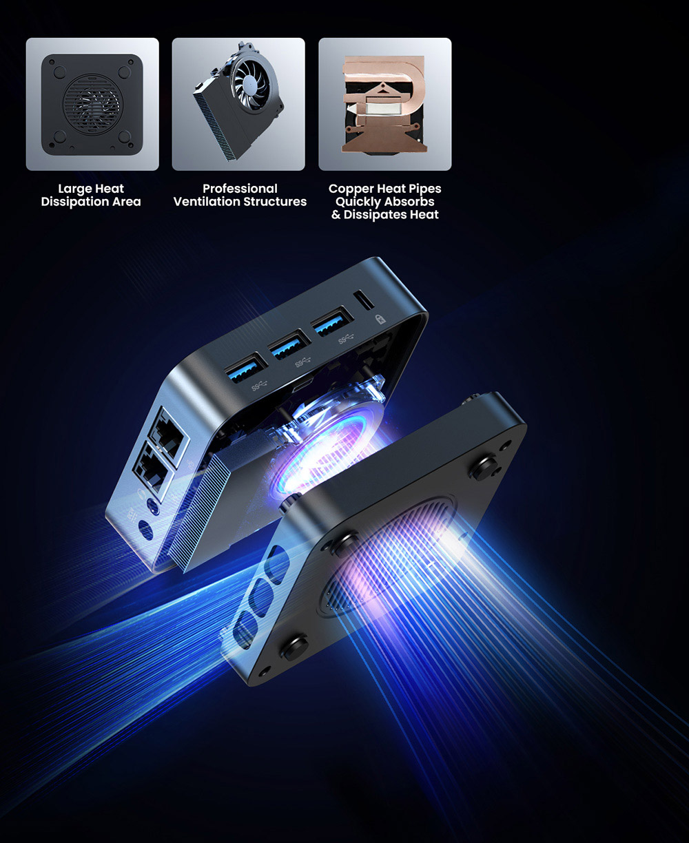 MINIX Z95 Mini PC, Intel N95 processzor 4 magos, max. 3,4 GHz, 16 GB LPDDR5X RAM, 512 GB PCIe NVMe SSD, DP+Dual HDMI 2.1 4K hármas kijelző, WiFi 5 Bluetooth 5.0, Dual Gigabit Ethernet, 3*USB-A 3.2, 1*Audió csatlakozó, kompakt aktív hűtőrendszer